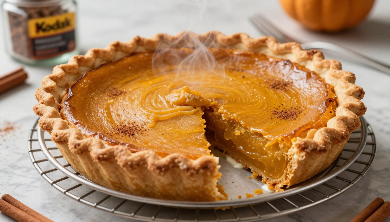 Close-up macro of a freshly baked pumpkin pie with golden fluted crust and whipped cream on a marble countertop
