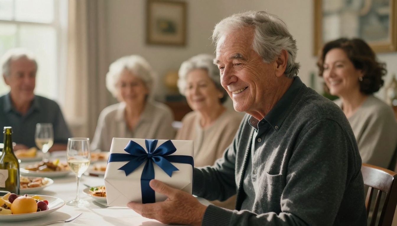 A father receiving a wrapped tribute gift surrounded by warm family members, genuine anticipation on his face