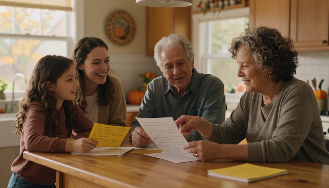Three generations of family sharing recipe cards around a kitchen island, laughing together in warm golden kitchen light