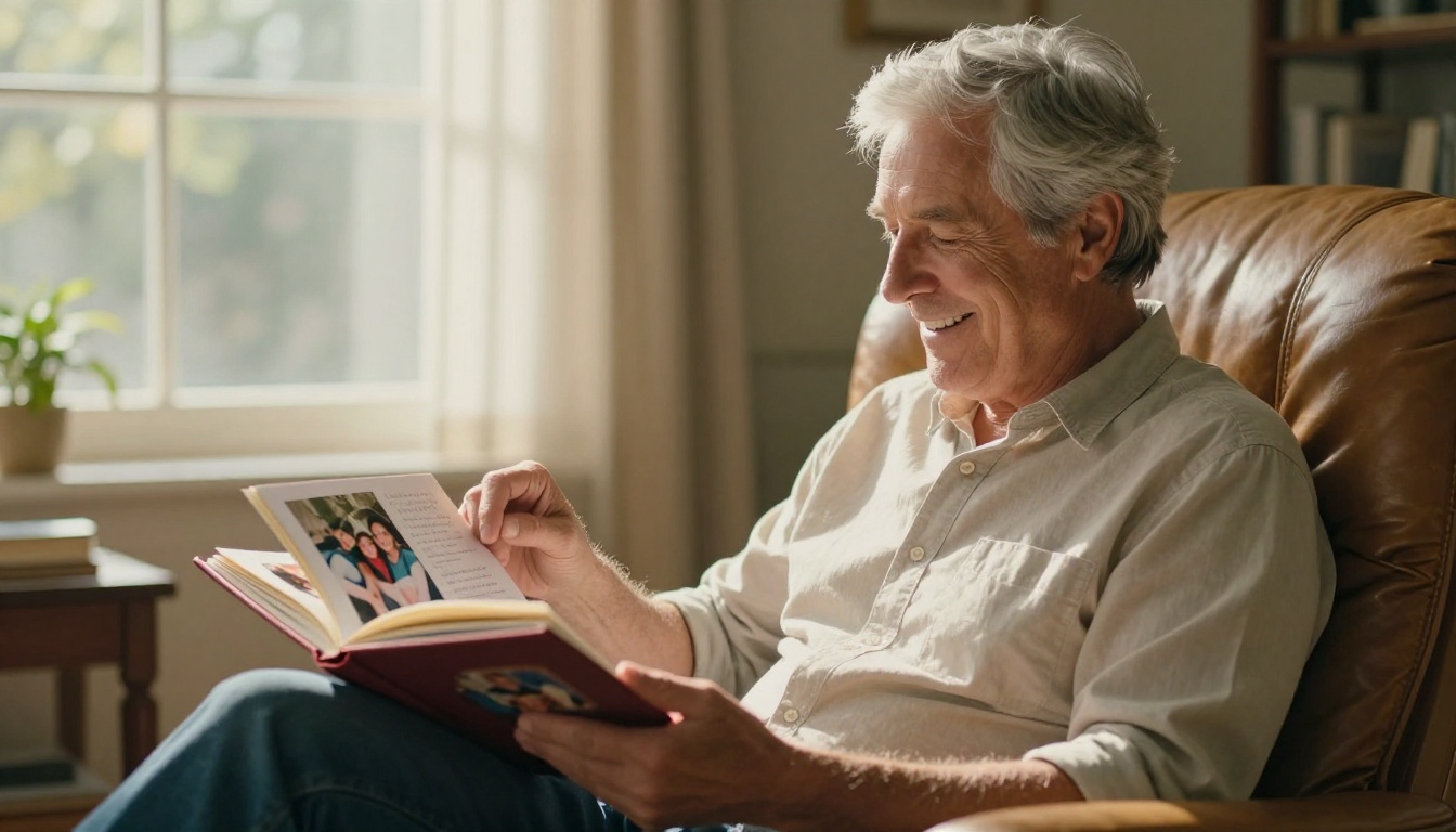 A silver-haired father seated by a sunlit window, smiling warmly as he turns the pages of his tribute flipbook