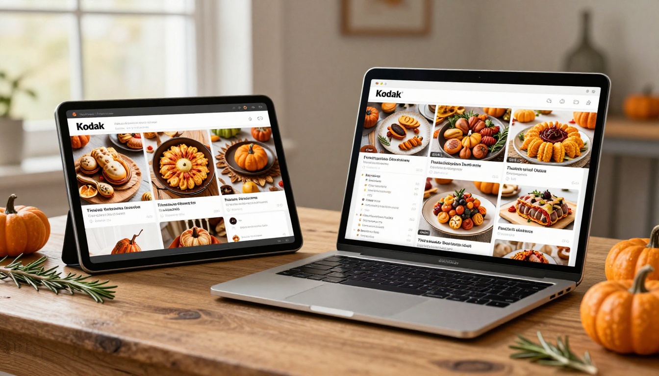 Tablet and smartphone side by side displaying digital recipe flipbook on a rustic wooden table with autumn decorations