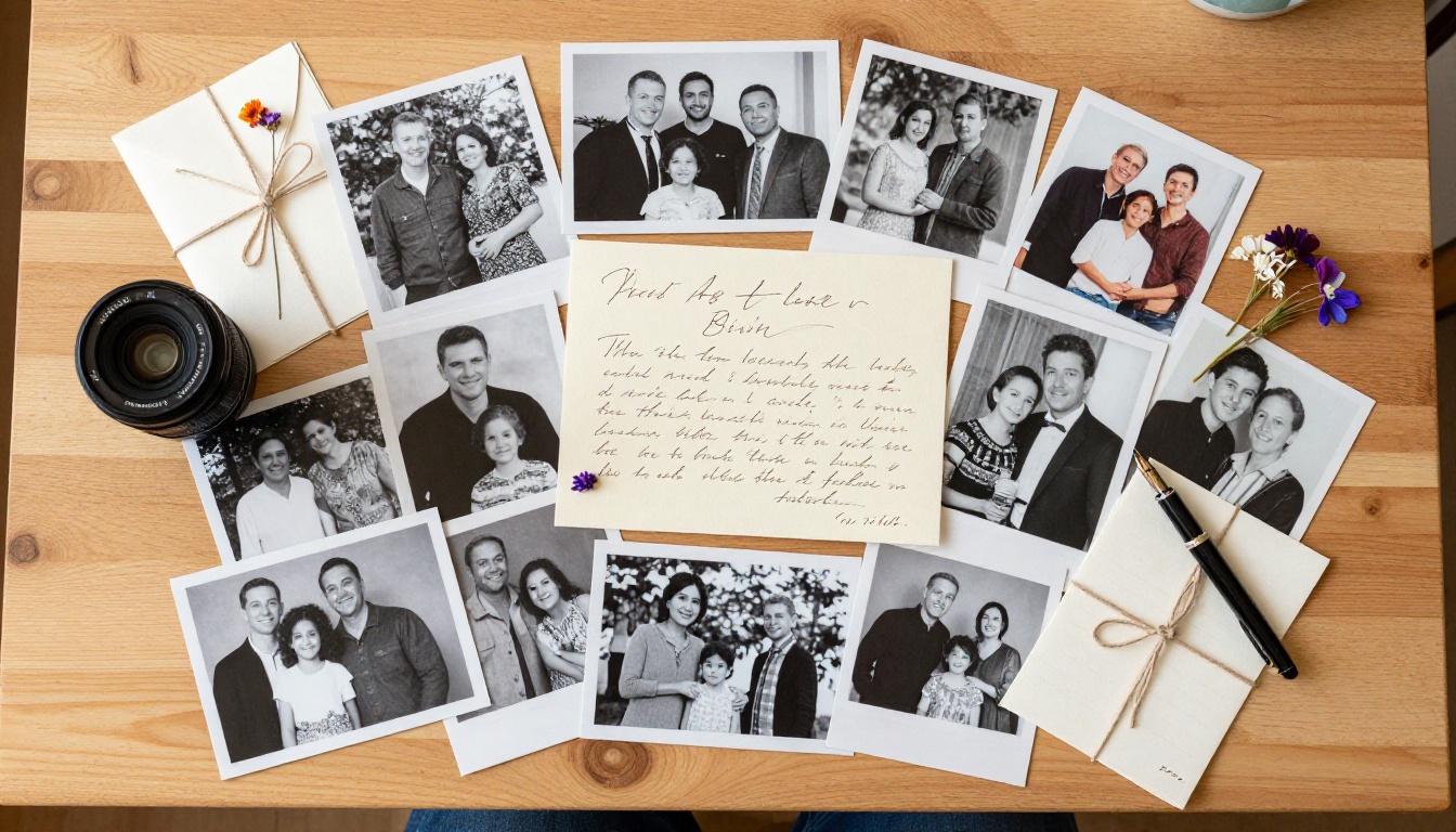 A flat-lay of family photographs from different decades alongside a handwritten letter, pressed flowers, and a vintage pen