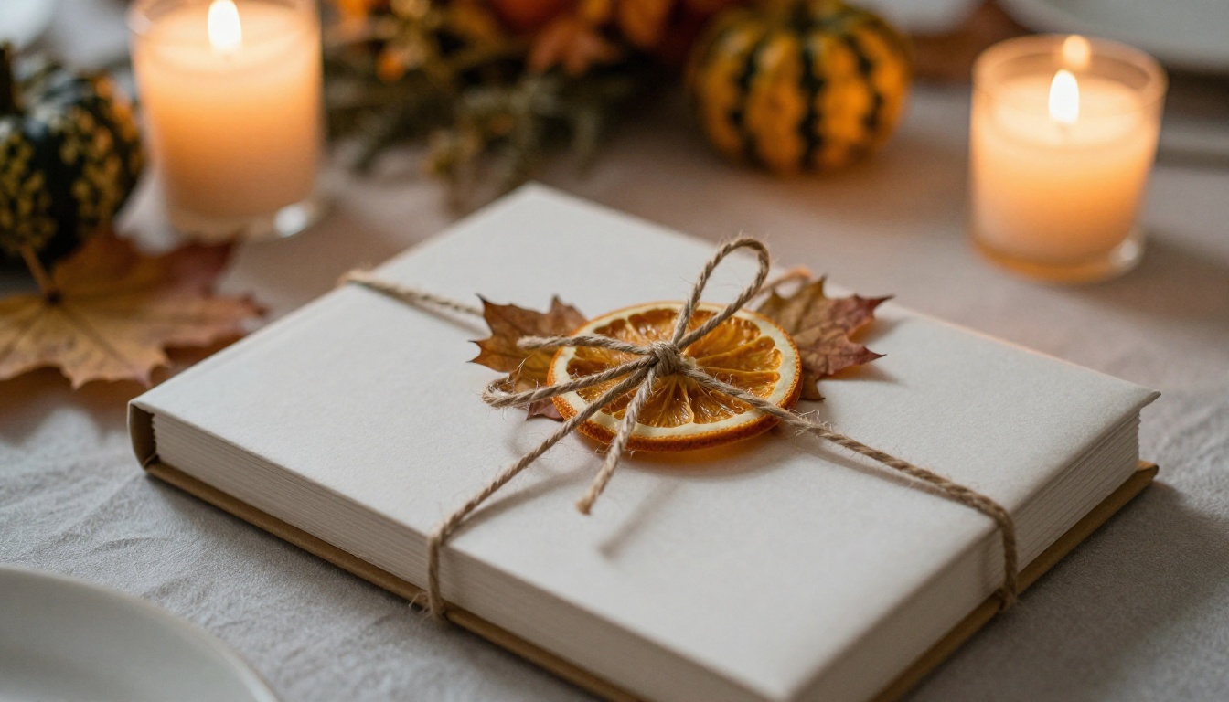 A beautifully wrapped recipe flipbook gift tied with twine and dried orange slice beside a Thanksgiving centerpiece of candles and gourds