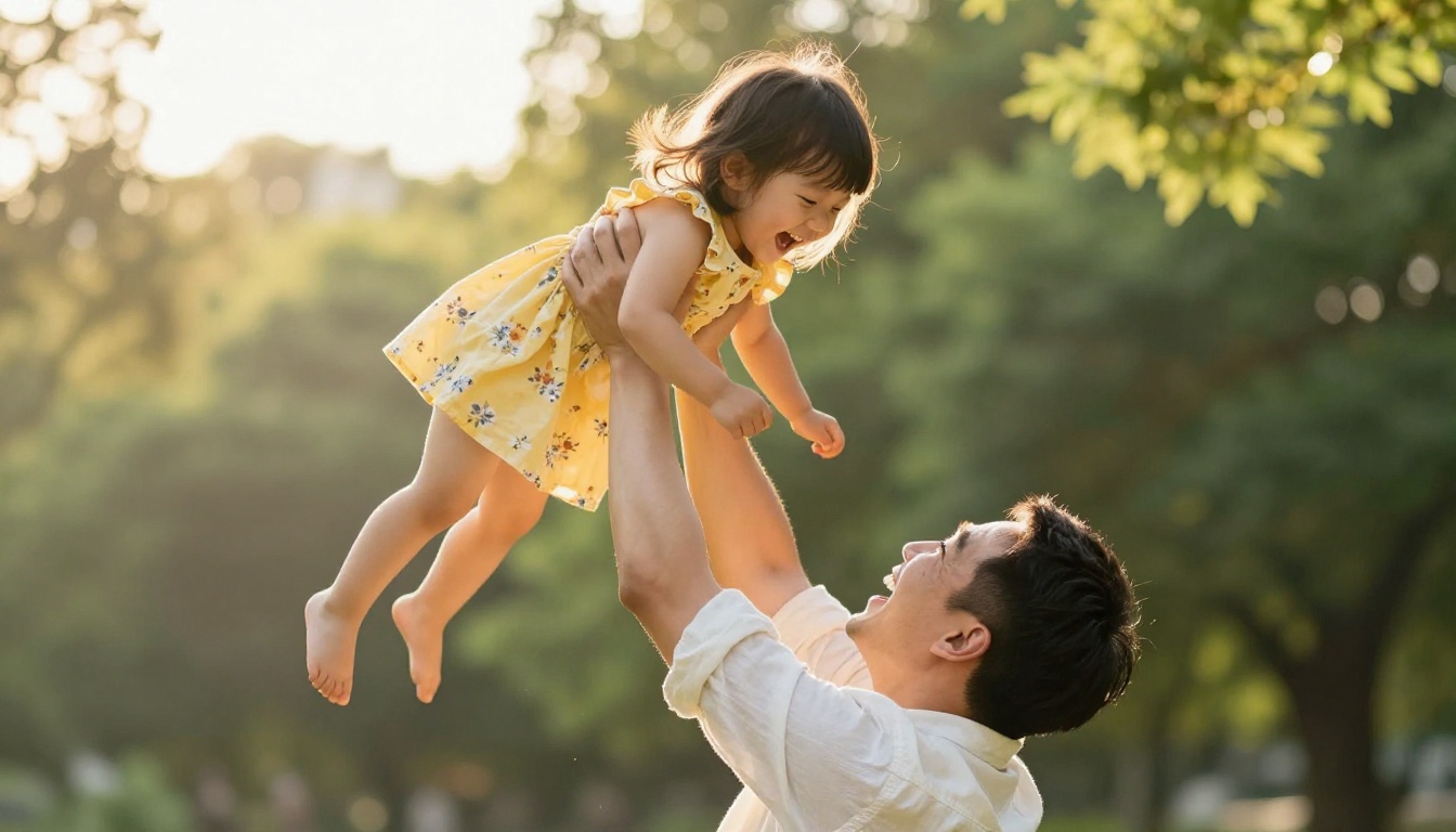 A father lifting his young daughter high in a sun-drenched summer park, both laughing with pure joy