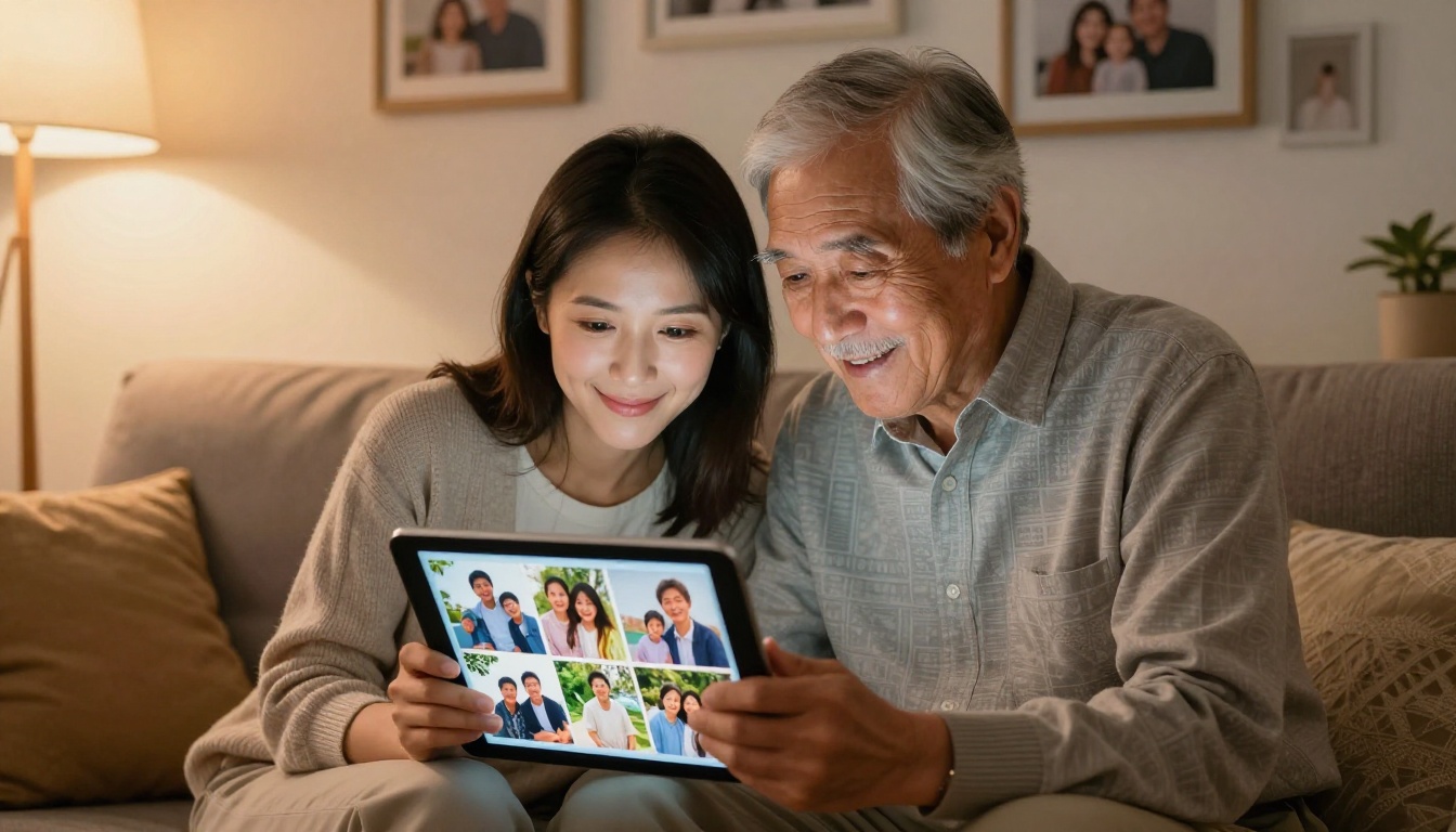 A woman and her elderly father sitting together on a couch, sharing a tribute flipbook on a tablet in warm evening light