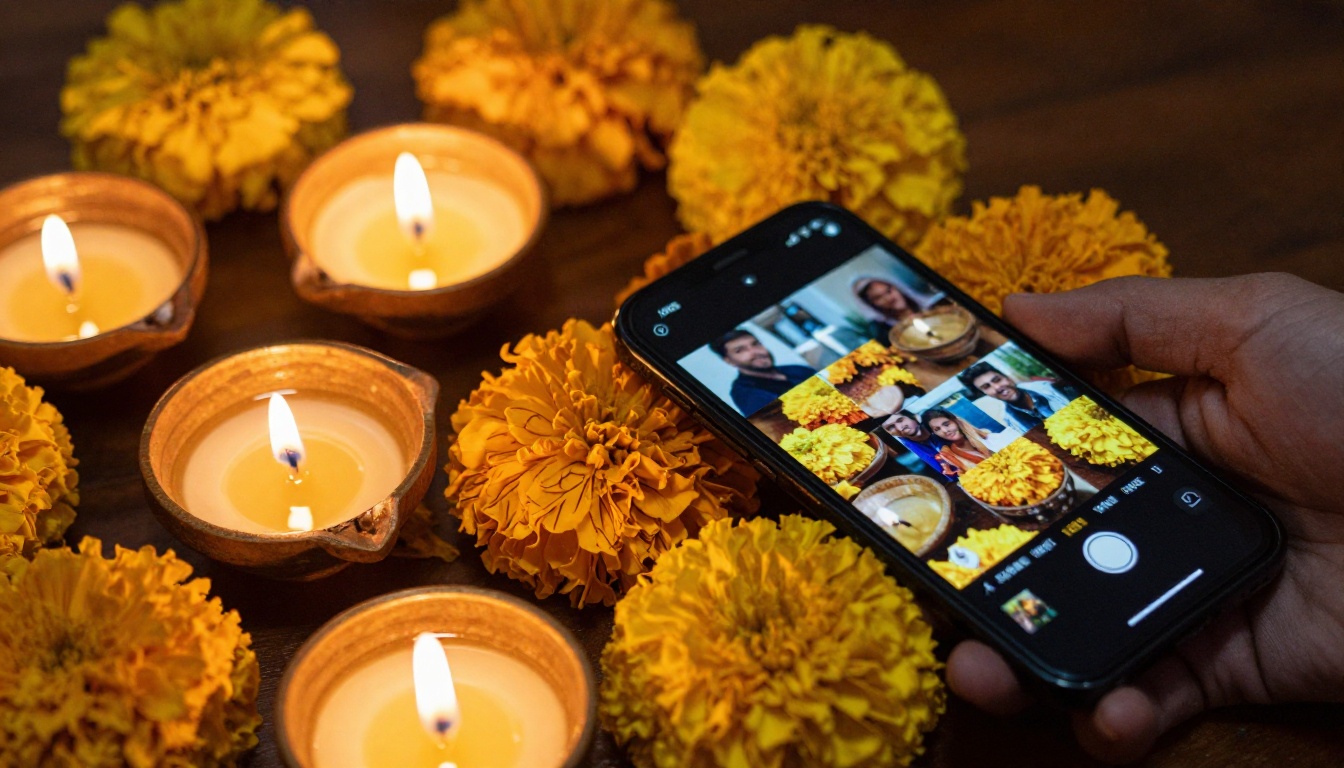 Brass diyas and marigolds surrounding a smartphone showing Diwali photo selection