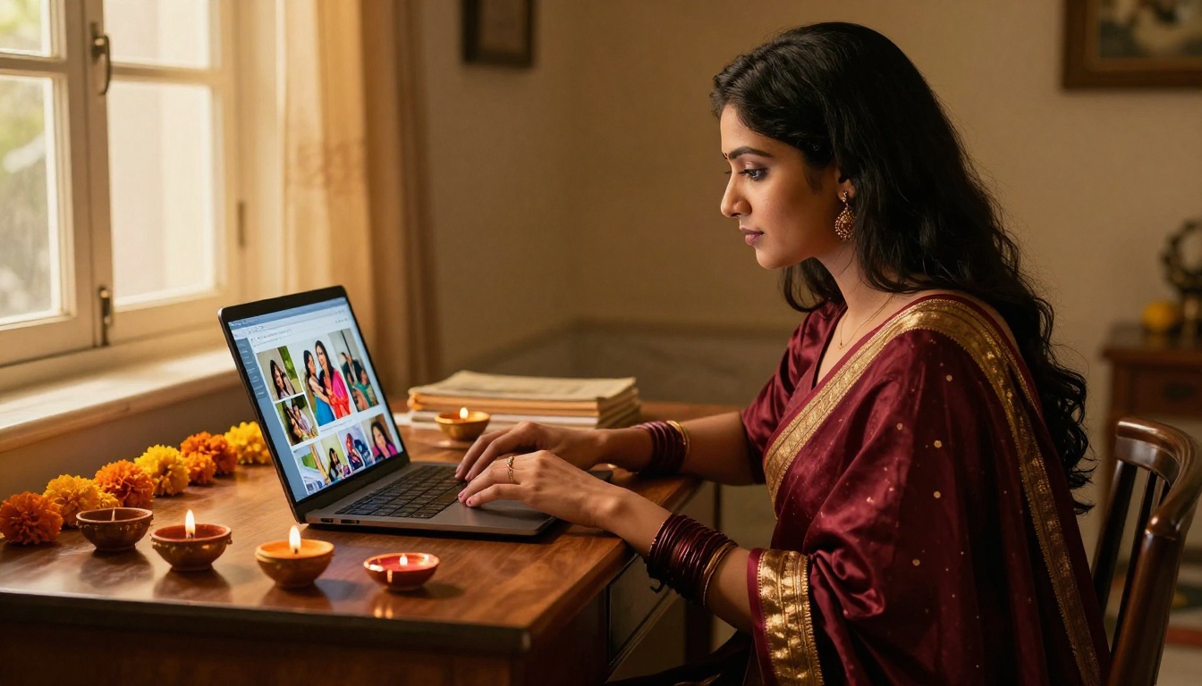 South Asian woman in silk saree uploading Diwali photos to a digital flipbook platform on a laptop