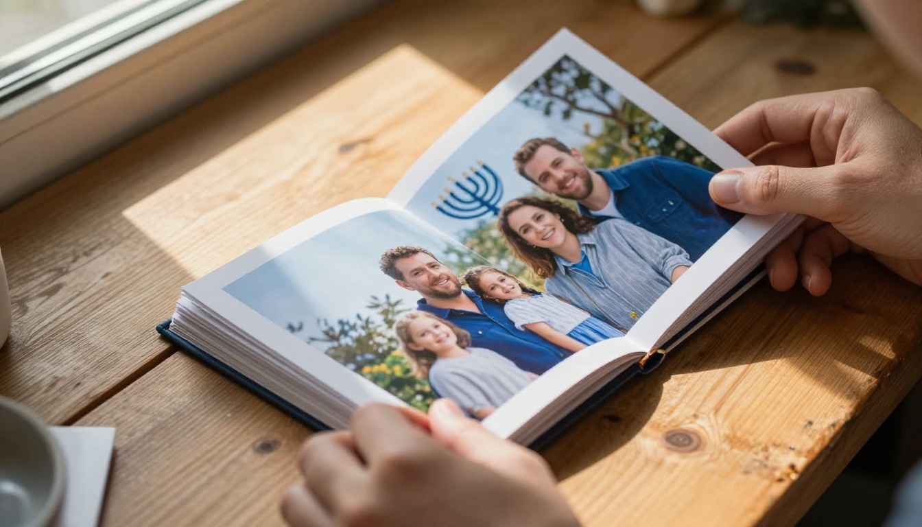 Hands arranging printed Hanukkah family photos on a rustic wooden table to build a memory album
