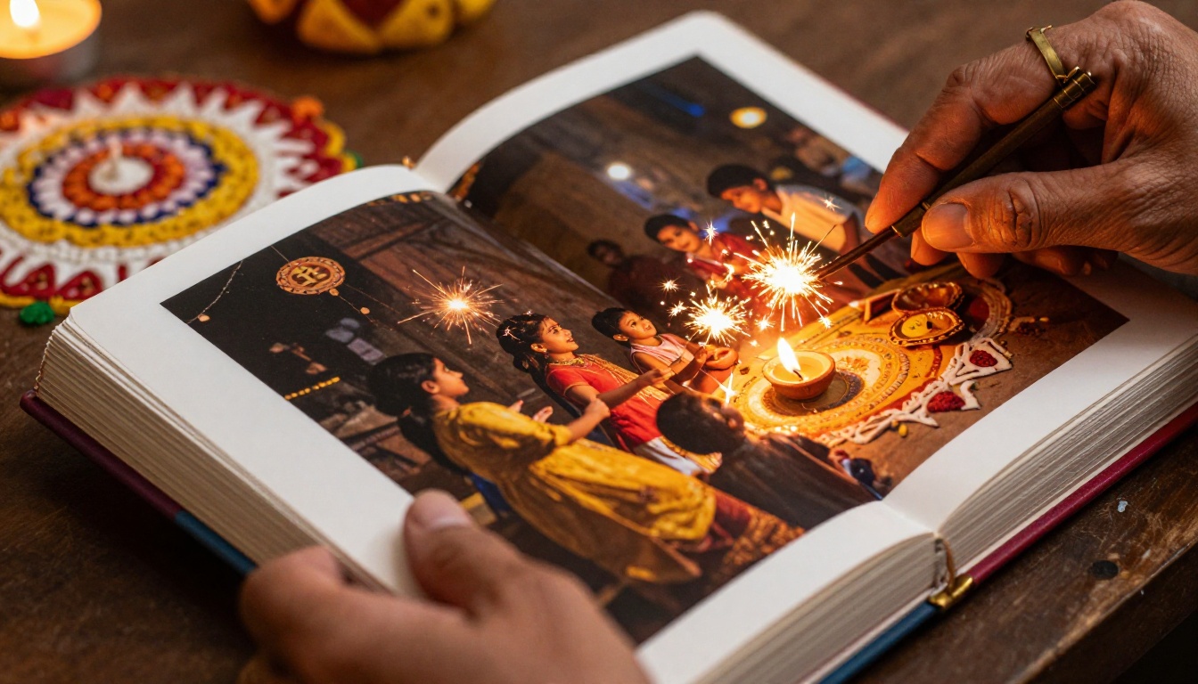 Hands with brass bangles holding an open Diwali photo album showing vivid celebration photographs