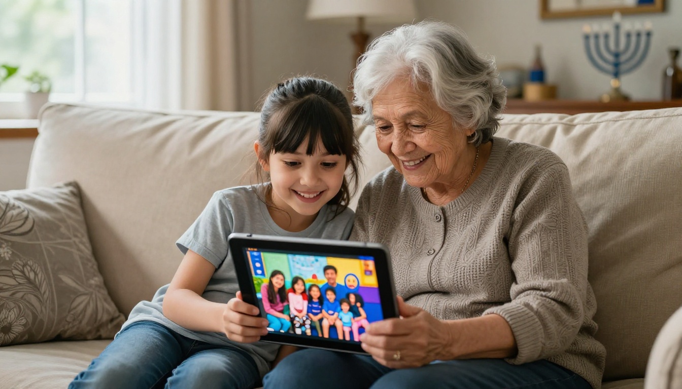 Grandmother and granddaughter viewing Hanukkah family photos in a digital flipbook on a tablet together