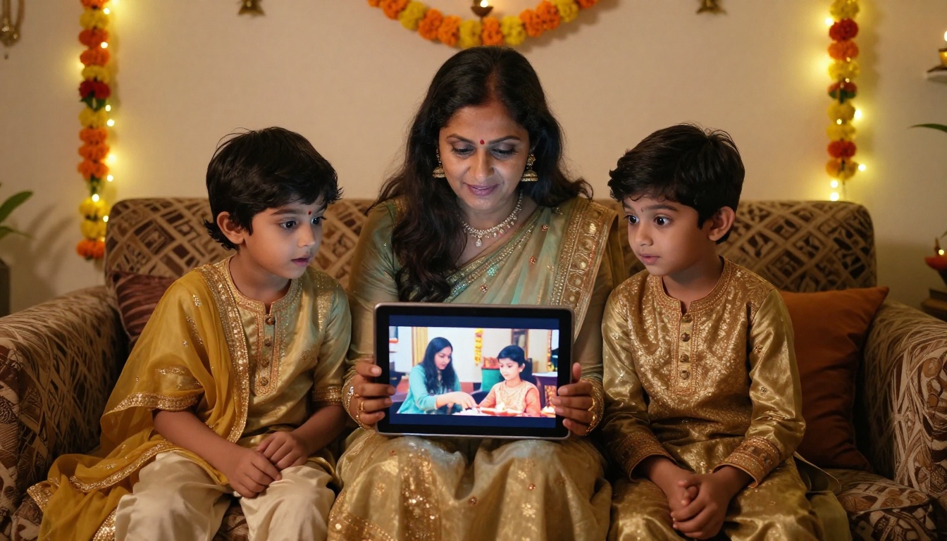Three generations of a South Asian family looking at a digital Diwali flipbook on a tablet together