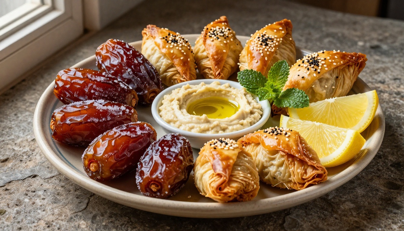 Iftar starter foods flat-lay with dates, sambousek, hummus and mint