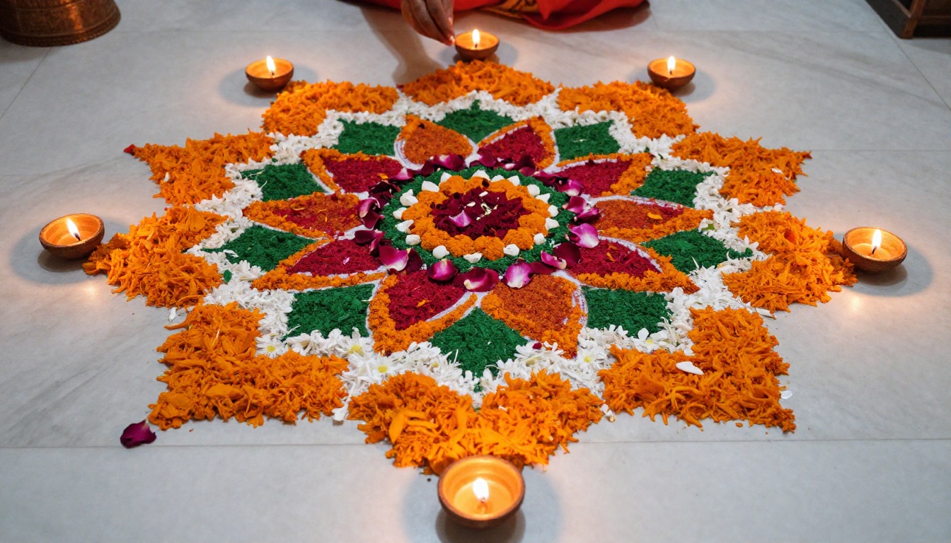 Overhead aerial view of a vibrant Diwali rangoli pattern being created with flower petals and lit diyas