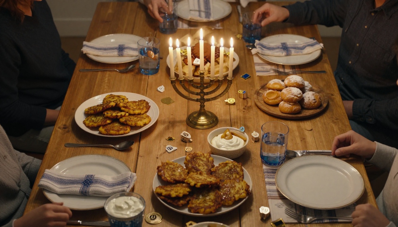 Aerial overhead shot of Hanukkah celebration table with lit menorah, latkes, sufganiyot, and family hands reaching in