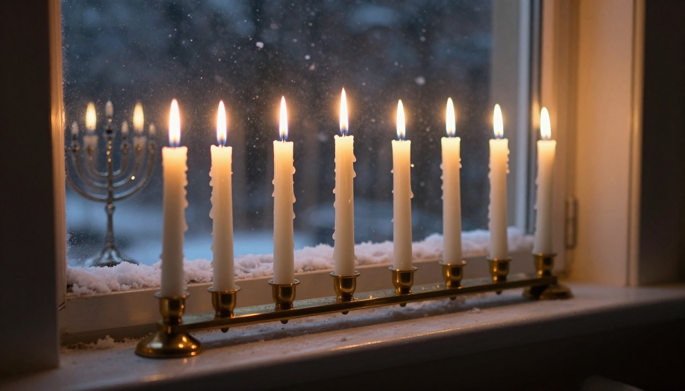 Dramatic low-angle shot of a brass menorah with eight lit candles against a dark snowy window at night