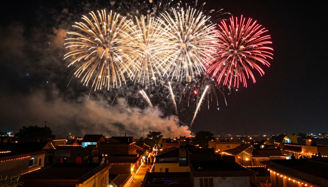 Diwali fireworks exploding in gold and red above a traditional Indian neighborhood with diyas lining the streets