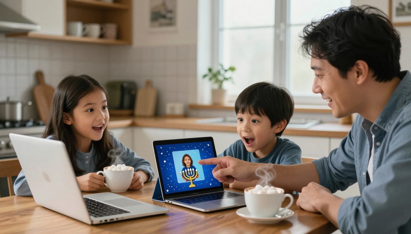 A parent and two young children sitting together at a laptop creating a digital Hanukkah flipbook in a warm kitchen