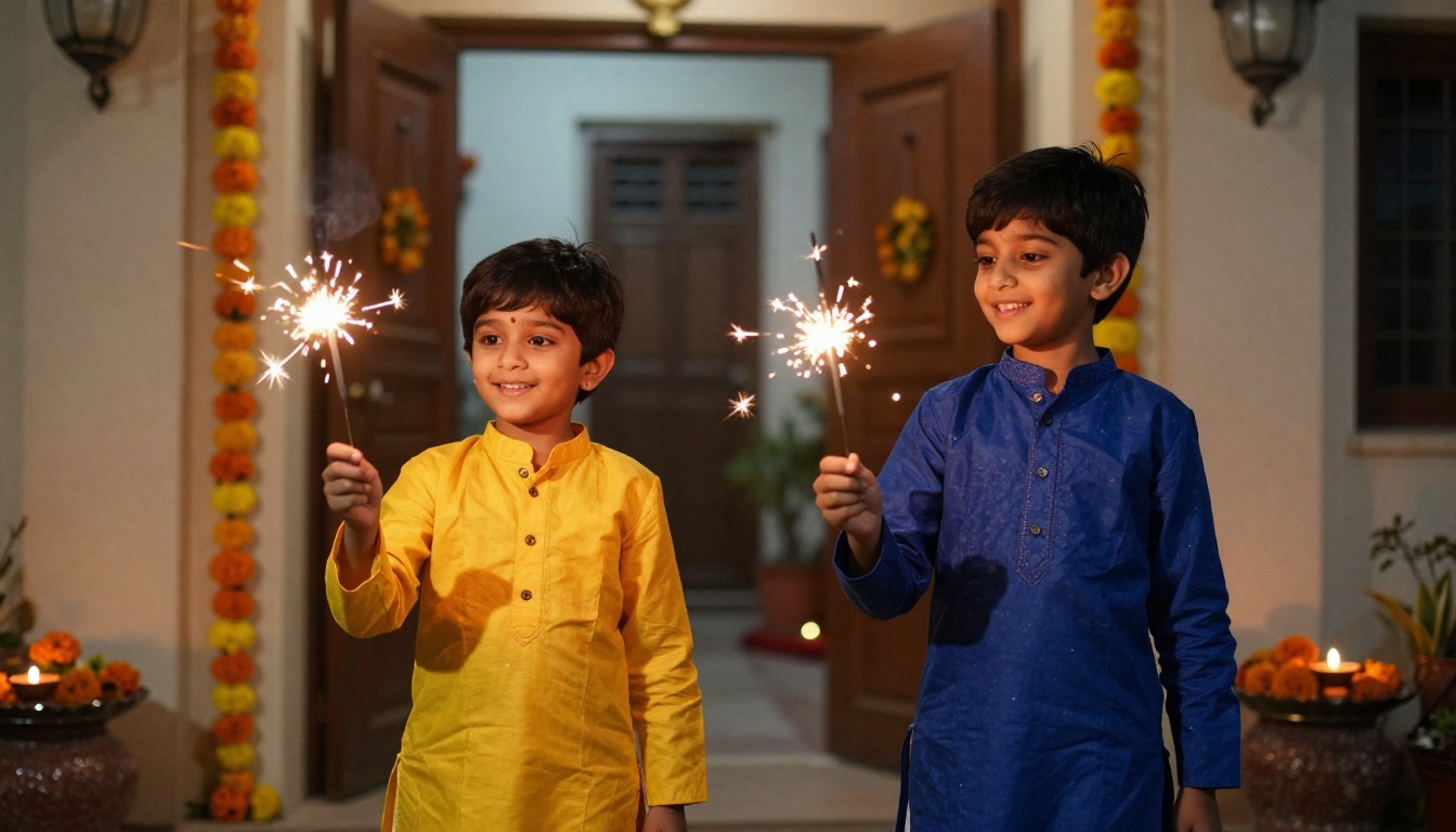 Two children in bright festive kurtas holding sparklers with expressions of pure joy during Diwali