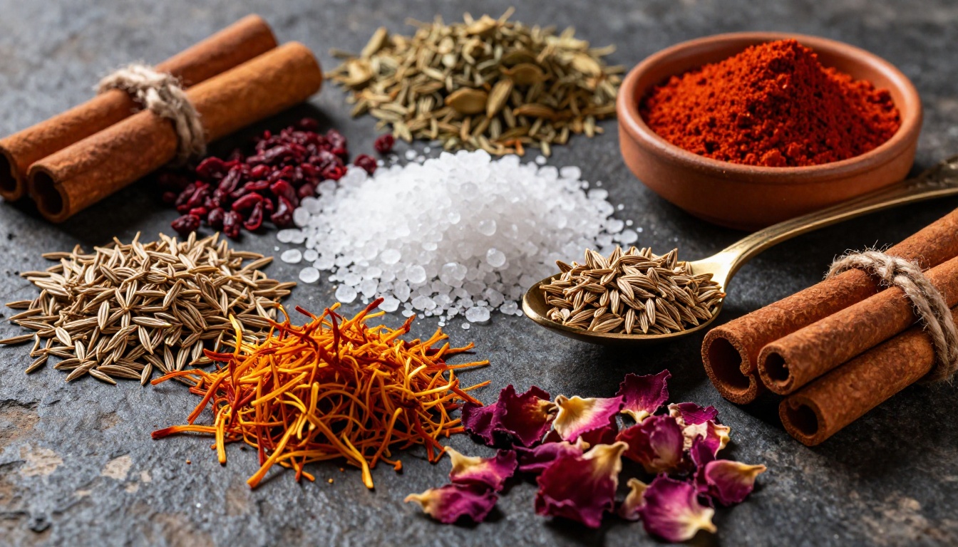 Aromatic Middle Eastern spices close-up on dark stone