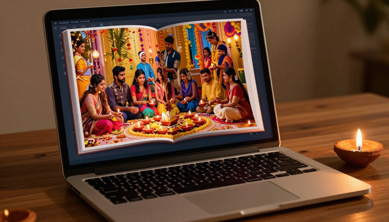 A laptop screen showing a digital Diwali flipbook with a page caught mid-turn in the page-turning animation