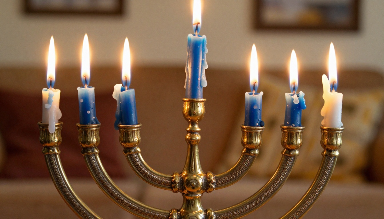 Macro close-up of traditional brass Hanukkah menorah with blue and white candles burning with detailed wax texture