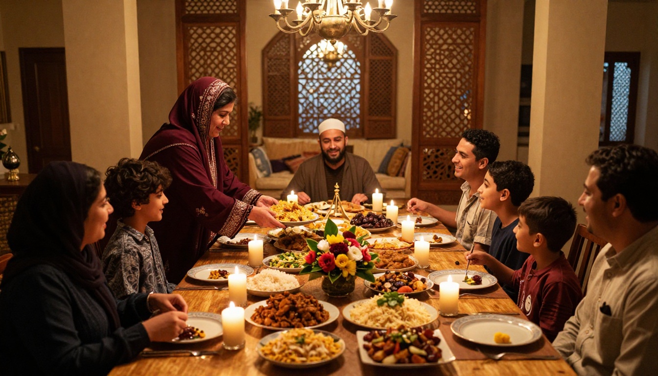 Multigenerational family gathered around a Ramadan iftar table