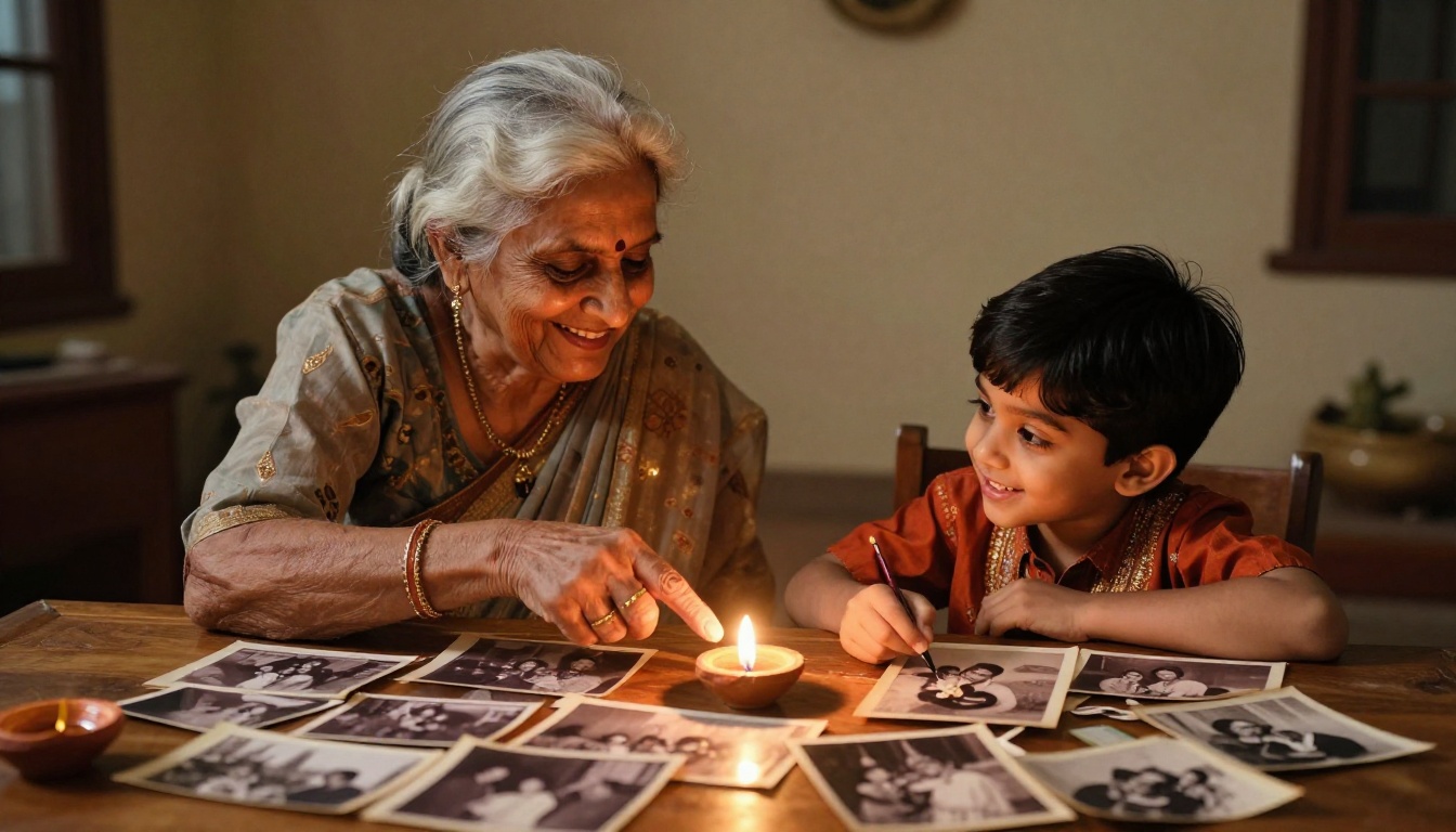 An elderly grandmother and young grandchild sitting together pointing at old Diwali photographs spread on a wooden table
