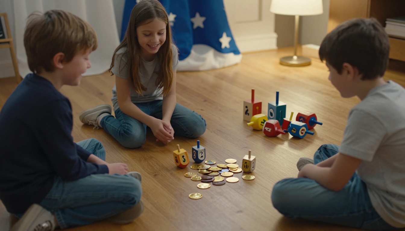 Two children playing dreidel on a warm wooden floor with Hanukkah gelt gold coins scattered around them