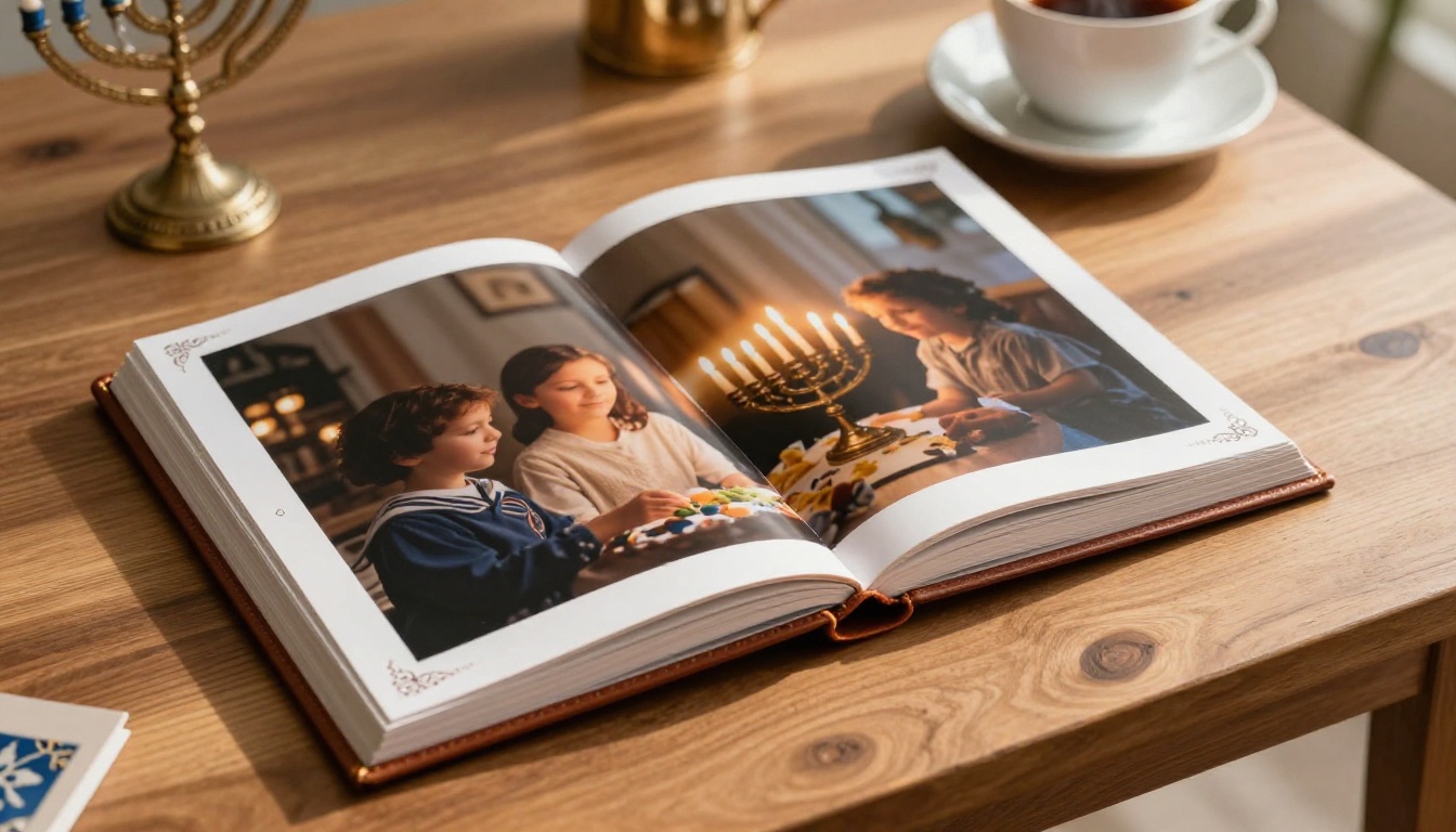 Open leather photo album on a wooden coffee table showing Hanukkah family photos with a menorah glowing softly behind