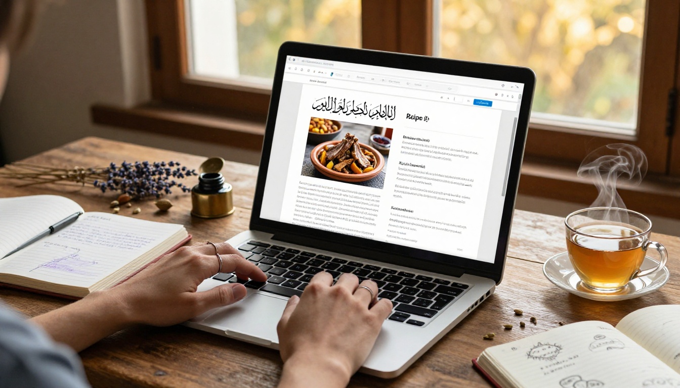 Person designing a digital recipe book on a laptop at a rustic wooden desk