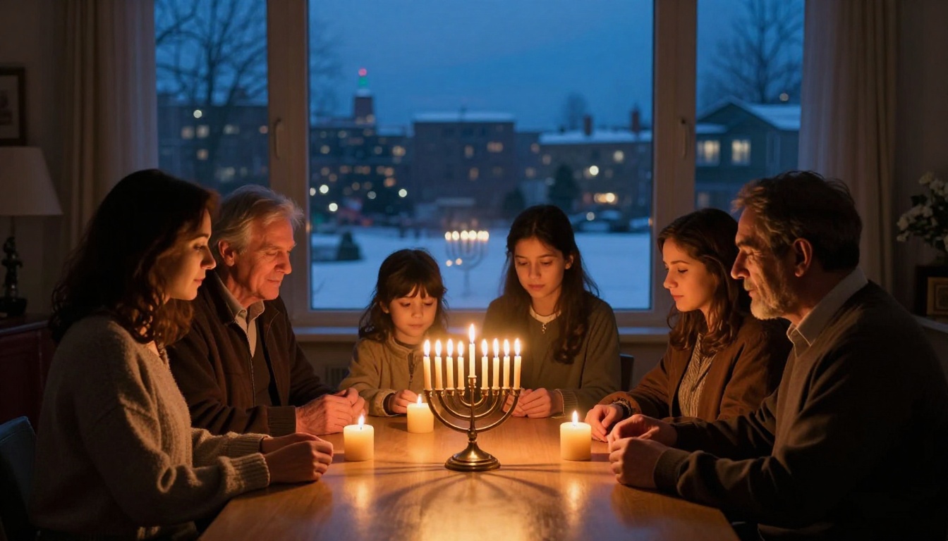 Jewish family silhouetted while lighting Hanukkah candles together at dusk by a large window with snow outside