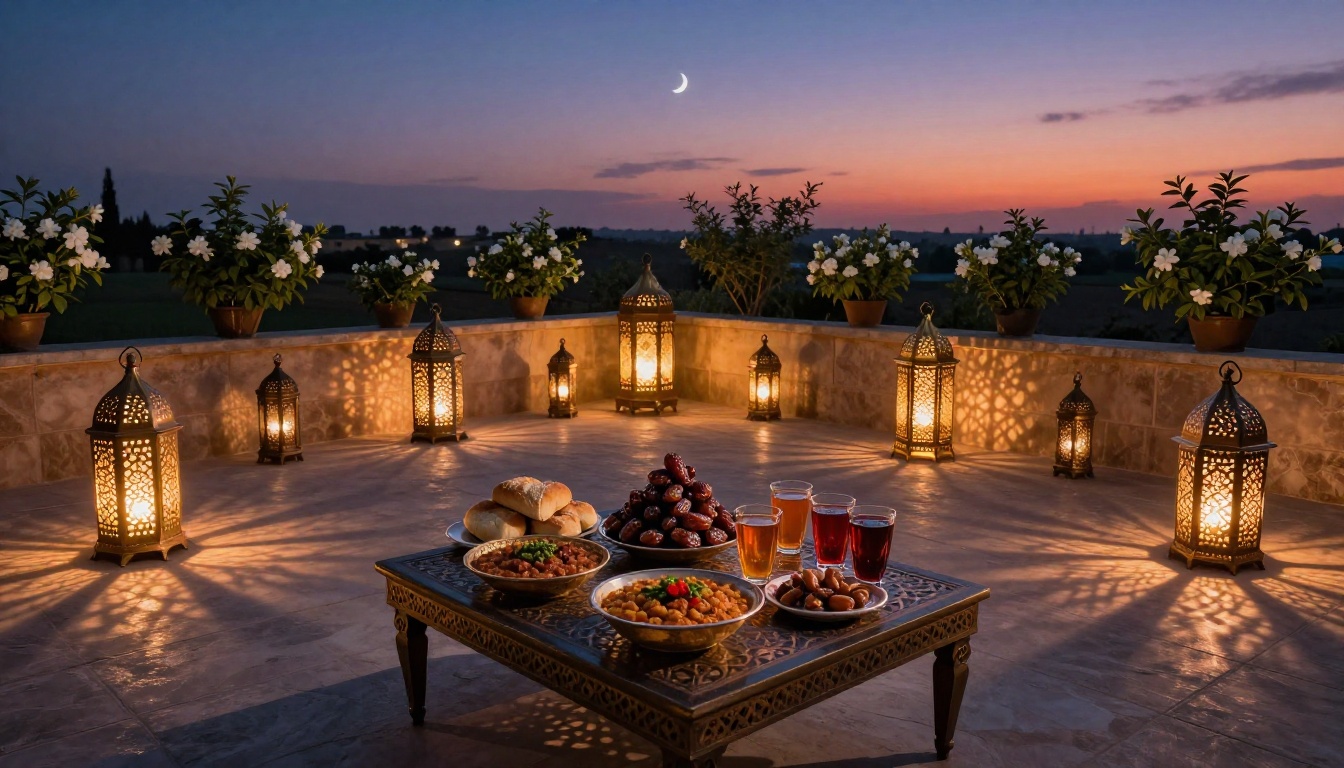 Traditional Ramadan fanous lanterns on a stone terrace at dusk with an iftar spread