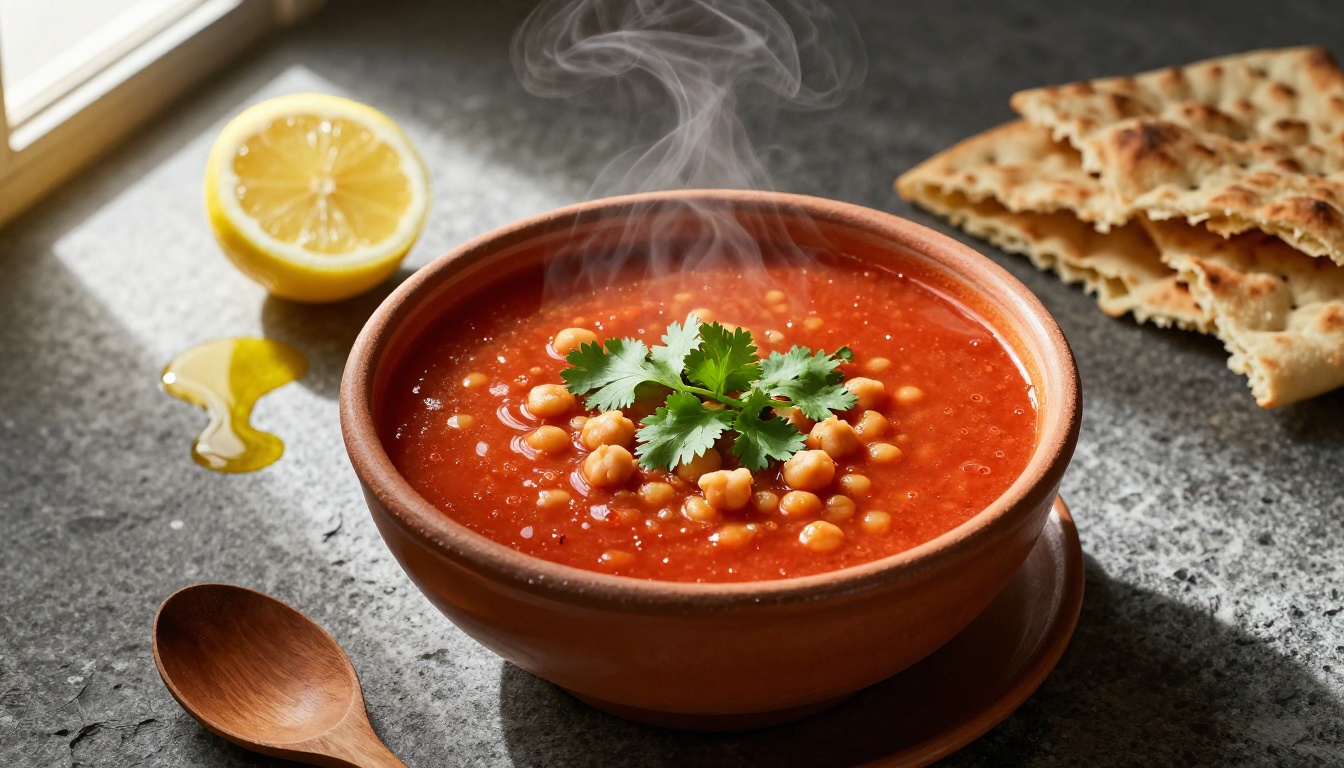 A steaming bowl of traditional harira soup with flatbread