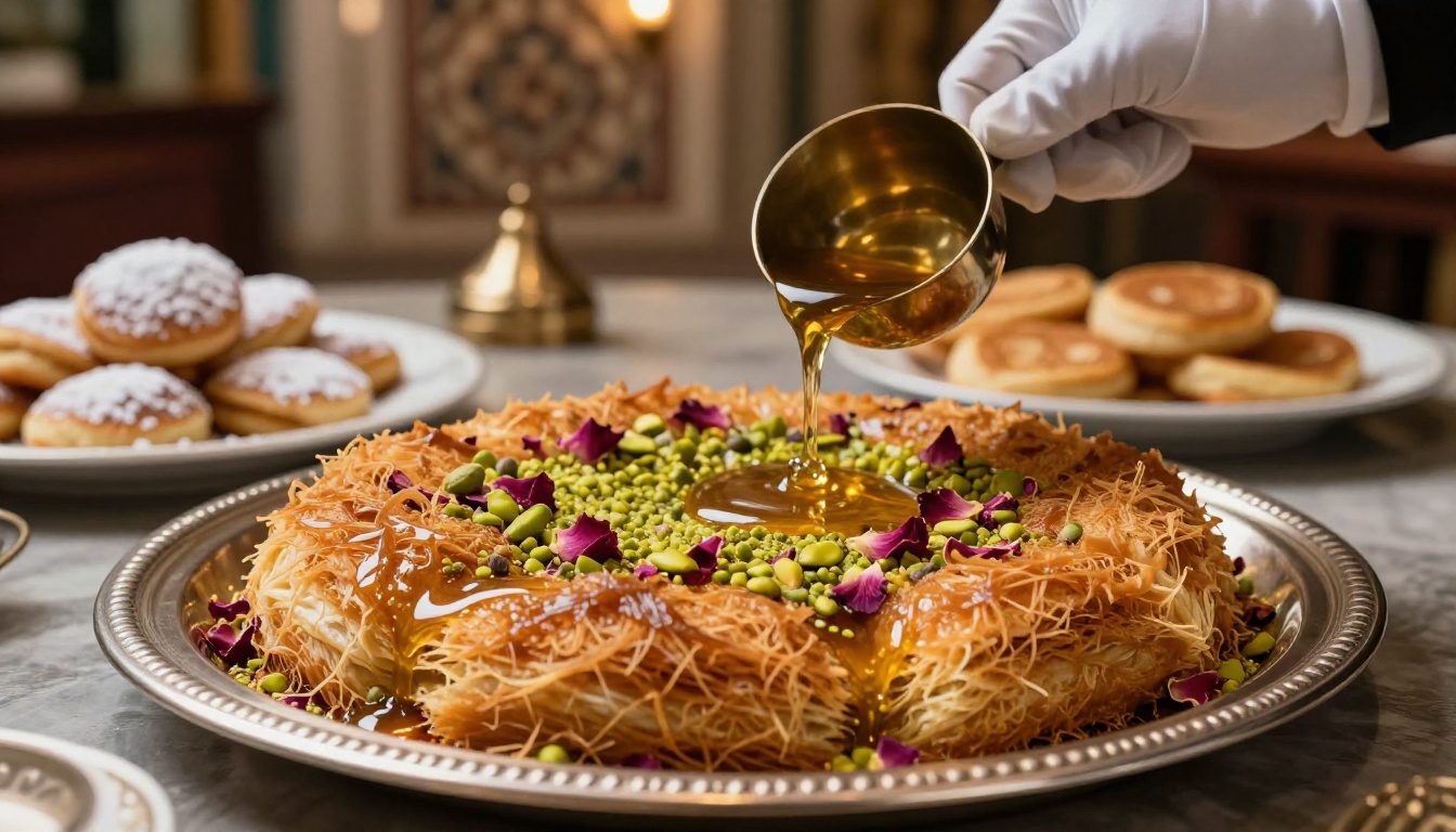 Freshly baked Kunafa on a silver tray with rose water syrup being poured