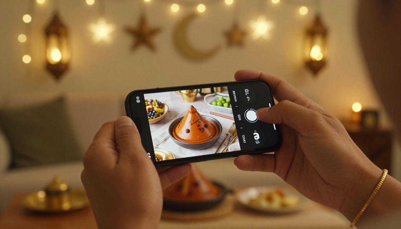 Smartphone showing a Ramadan recipe flipbook with page-turn animation