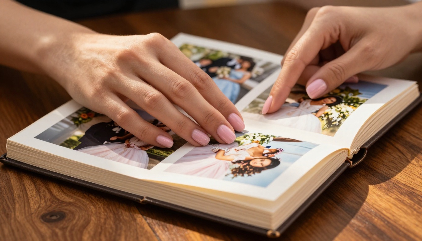 Quinceañera hands turning album pages