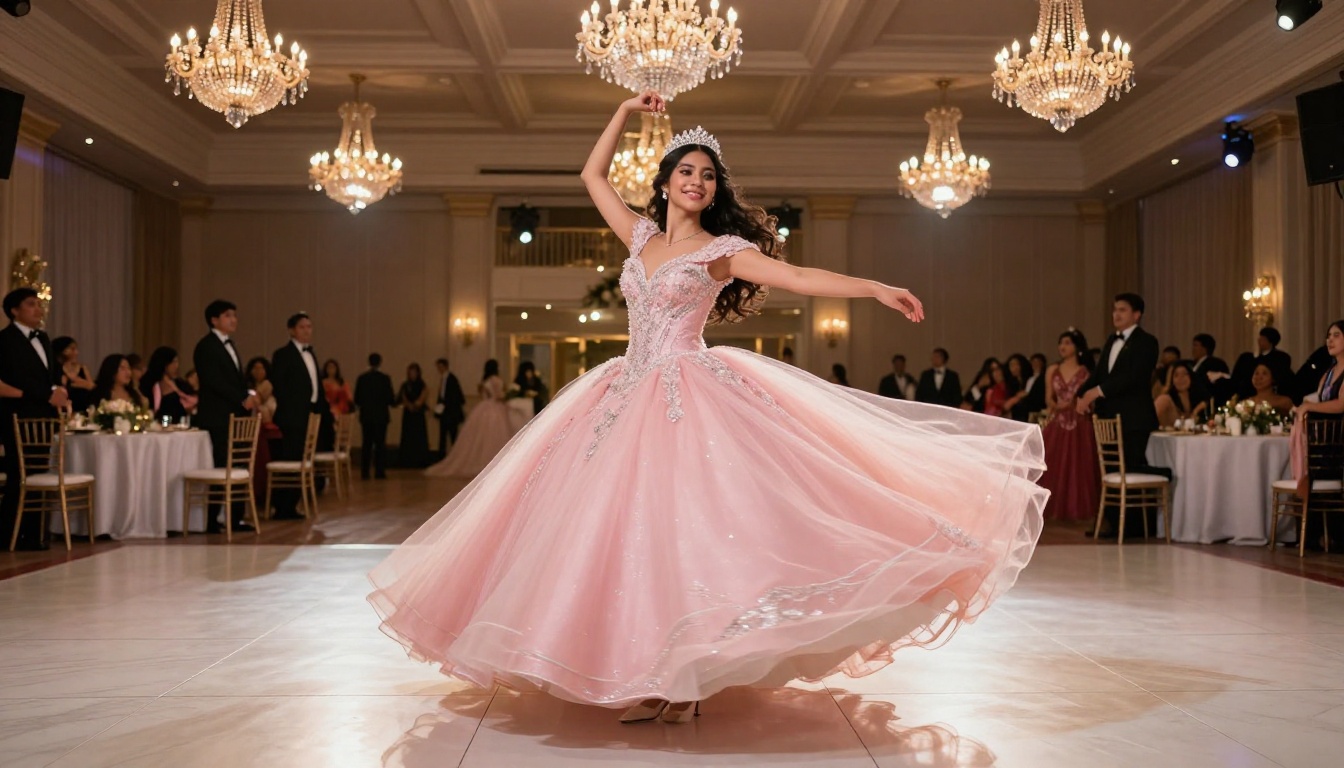 Quinceañera dancing in ballroom with chandeliers Quinceañera dancing in ballroom with chandeliers