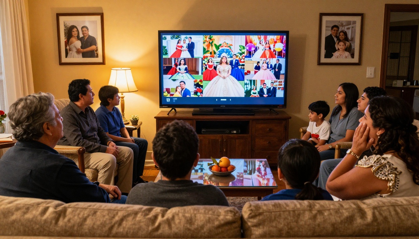 Family gathered watching quinceañera photos on TV Family gathered watching quinceañera photos on TV