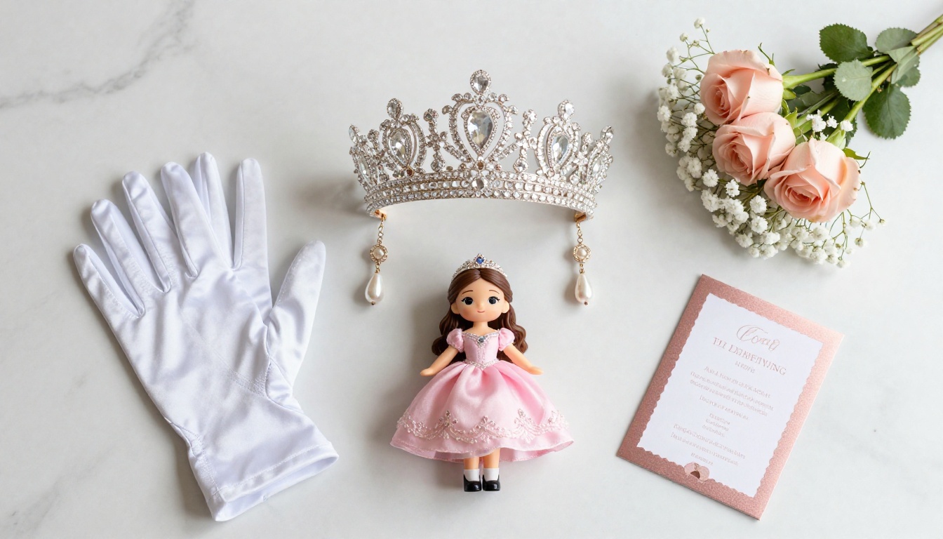 Quinceañera accessories flat lay with tiara and roses