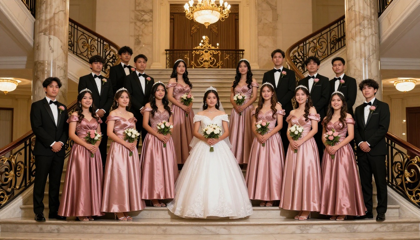 Quinceañera court posing on grand staircase