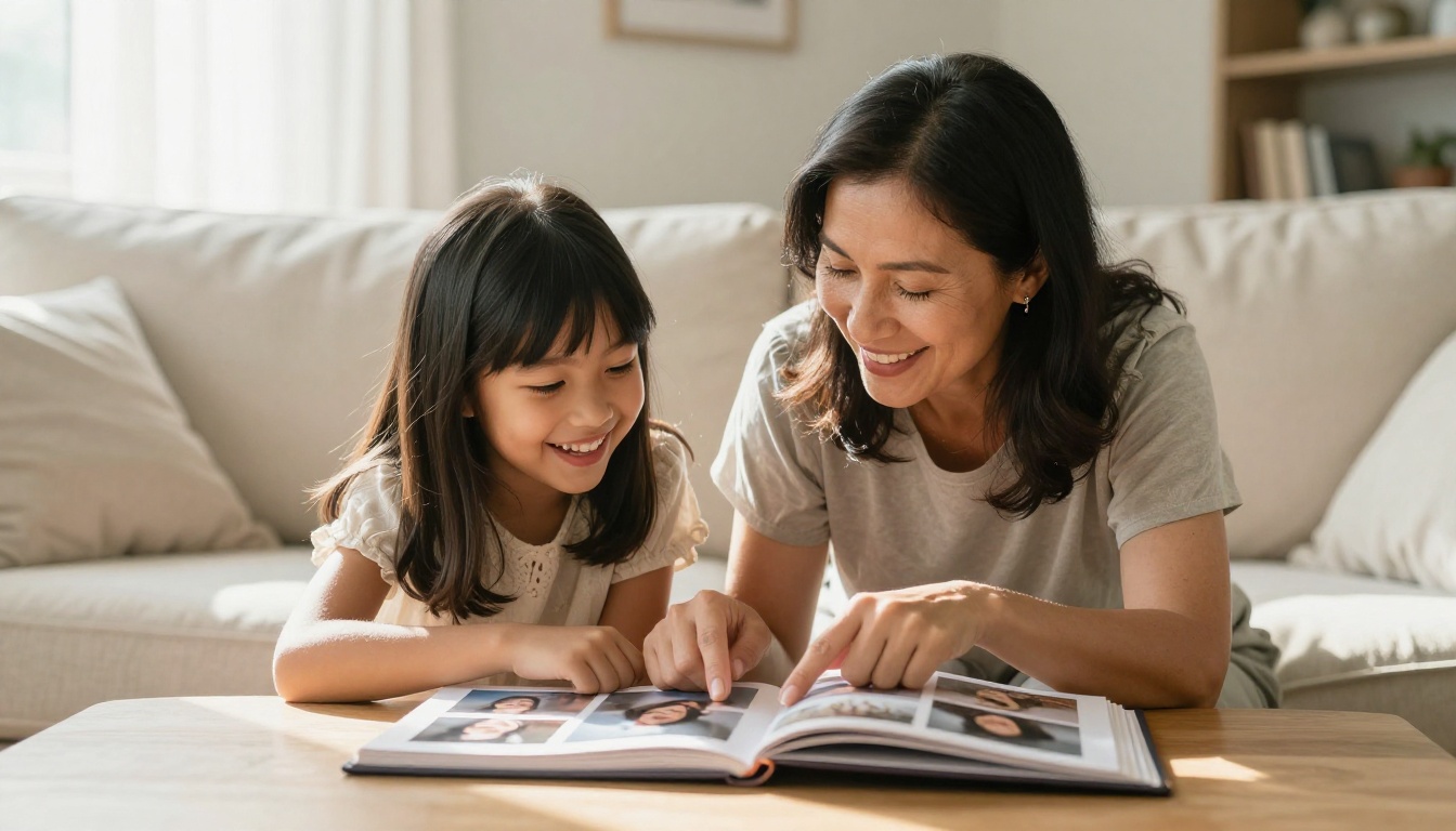 Mother and daughter viewing quinceañera photos together