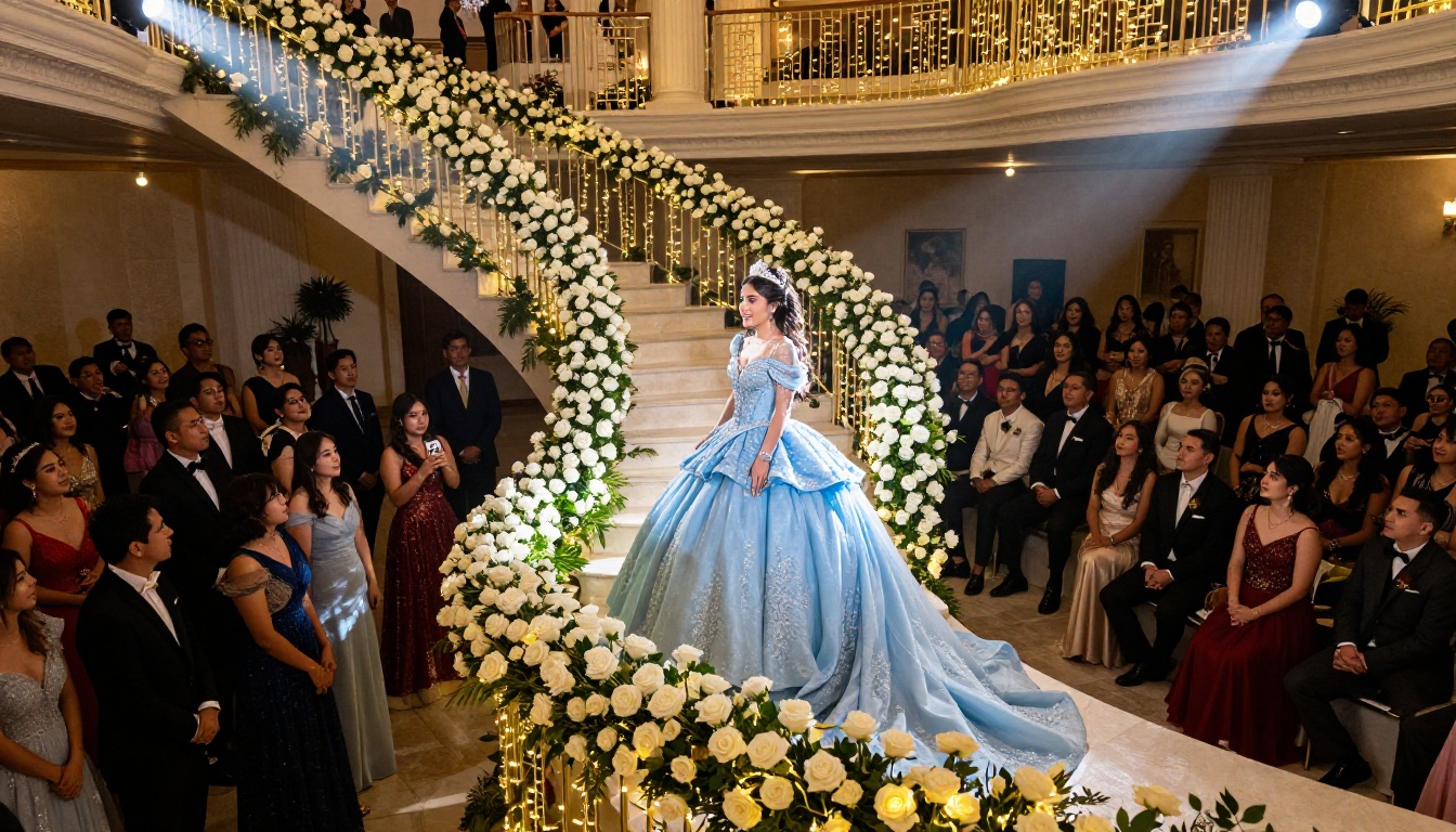 Quinceañera grand entrance on decorated staircase