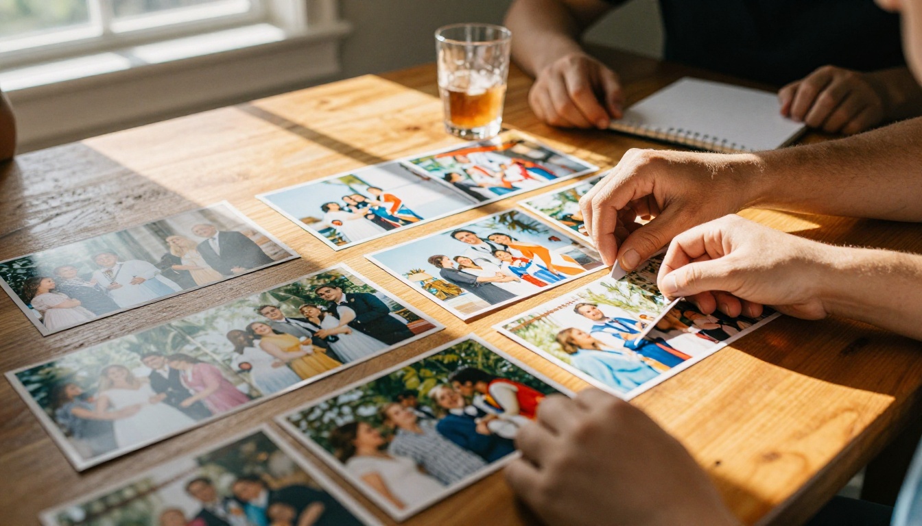 Family's hands arranging Bar Mitzvah photos on a wooden dining table