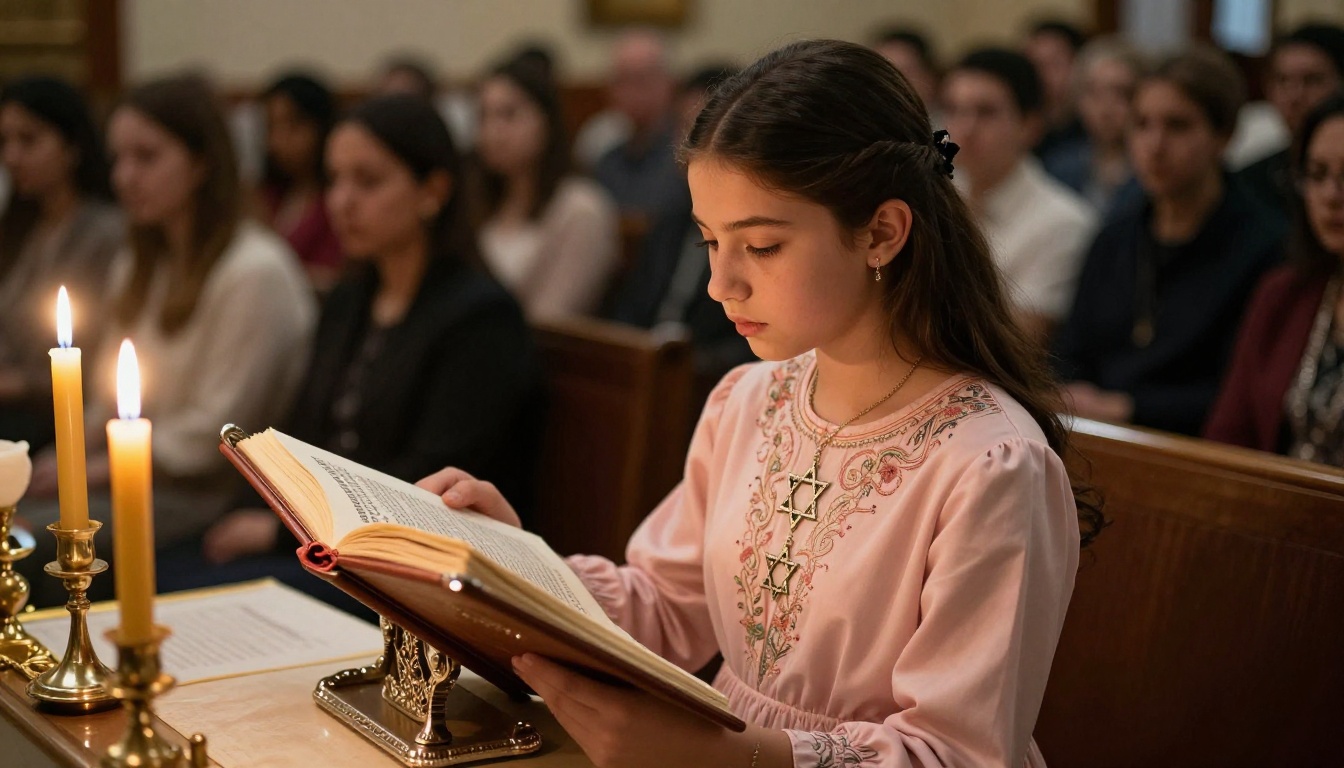 A teenage Jewish girl reading from the Torah at a synagogue bimah