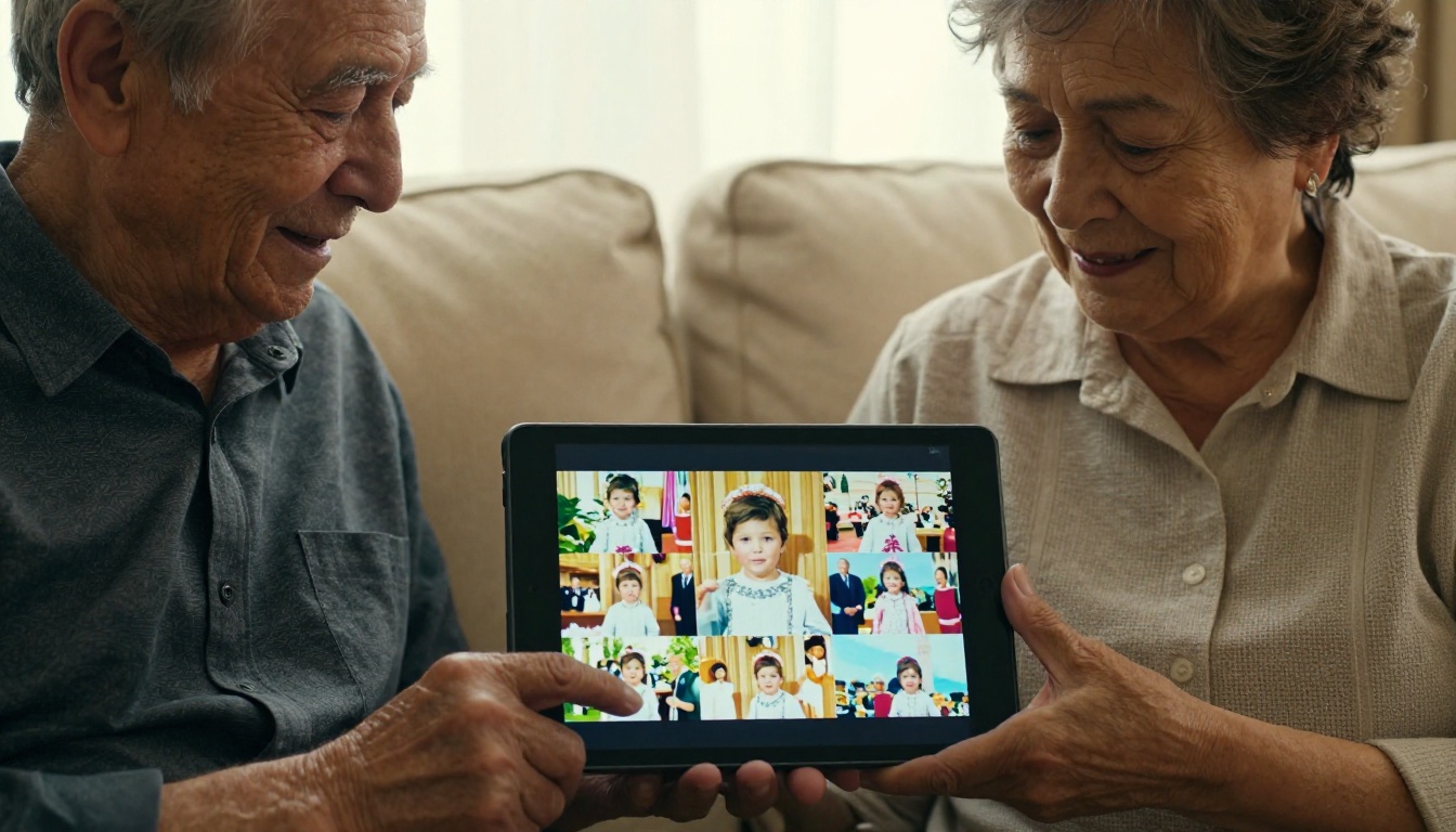 Grandparents viewing a Bar Mitzvah digital flipbook on a tablet