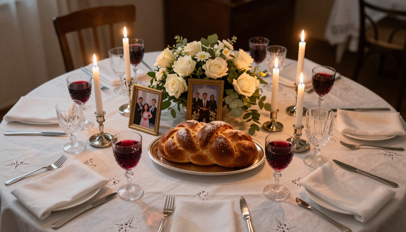 Bat Mitzvah celebration Shabbat table with framed ceremony photos