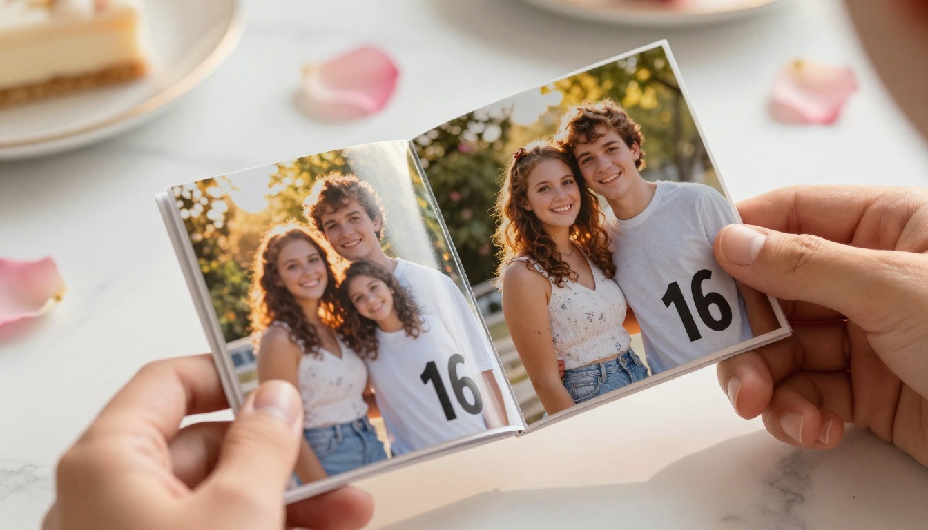 Hands holding open a Sweet 16 photo flipbook on white marble table