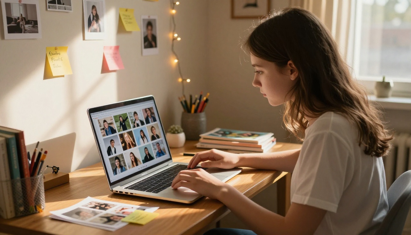 Teenage girl sitting at desk with laptop showing a digital flipbook on screen