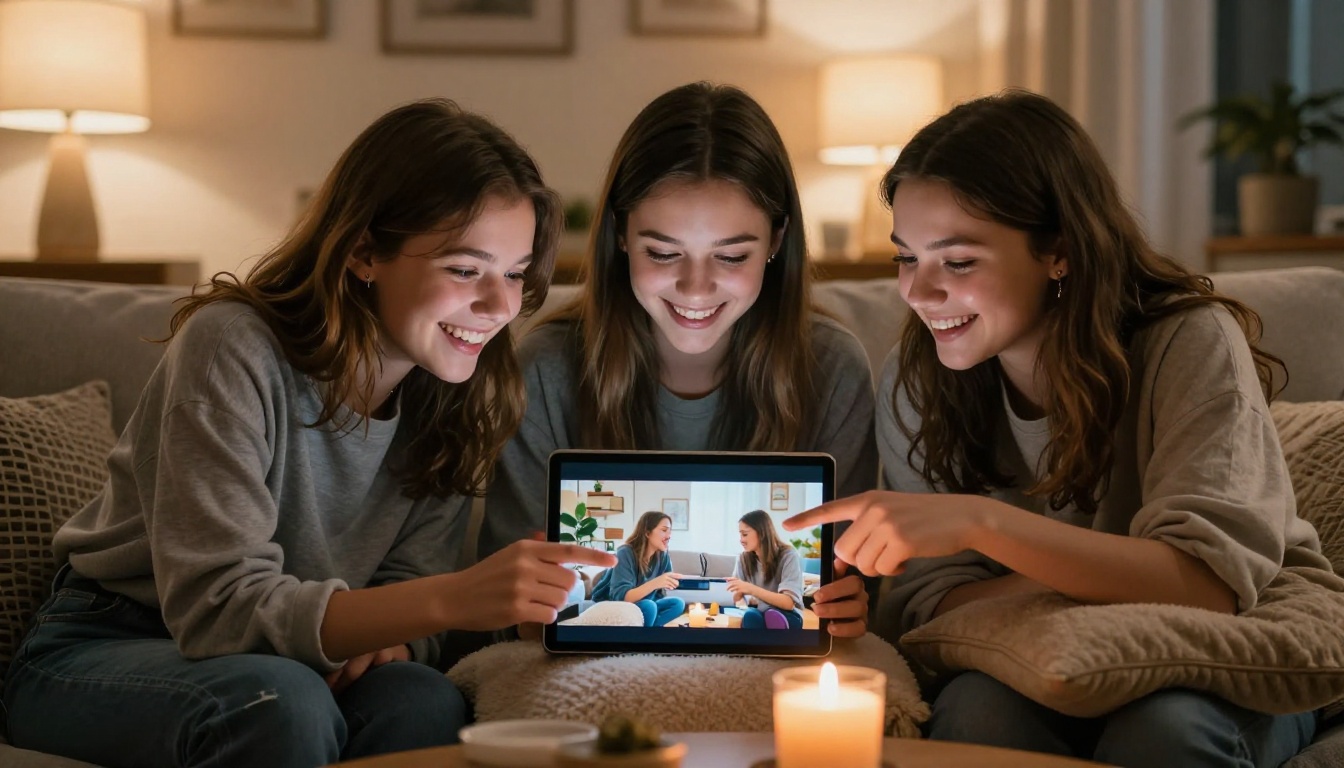 Group of teenage girls laughing together on couch while viewing photo flipbook on tablet
