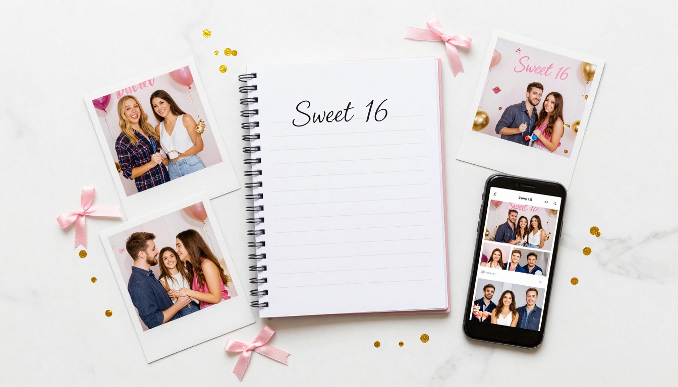 Aerial flatlay of Sweet 16 party planning items including printed photos and notebook